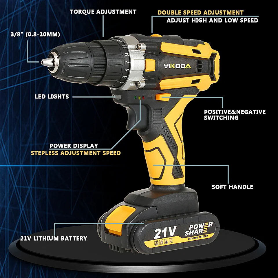 YIKODA 12/16.8/21V Electric Screwdriver Cordless Drill Two Speed Rechargeable Lithium Battery Mini Driver Household Power Tools