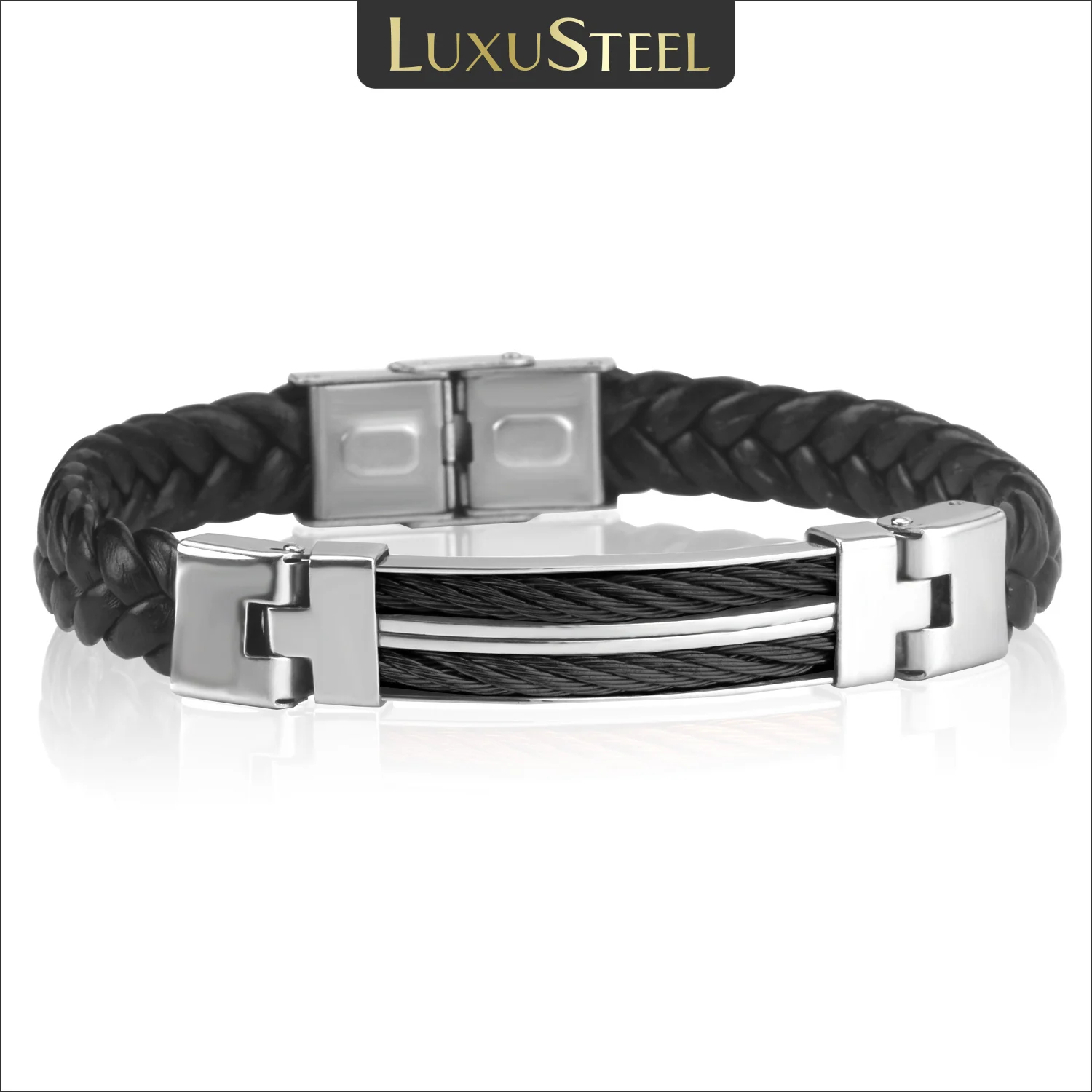 LUXUSTEEL Classic Stainless Steel Charm Bracelet Men Black Braided Leather Wristband Casual Bangle Punk Male Jewelry Gifts