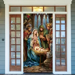 Colorful Christmas Flag: Bright Cloth Jesus Birth Scene Celebration Ornament for Hanging on Doors Inside and Outside 90x185cm