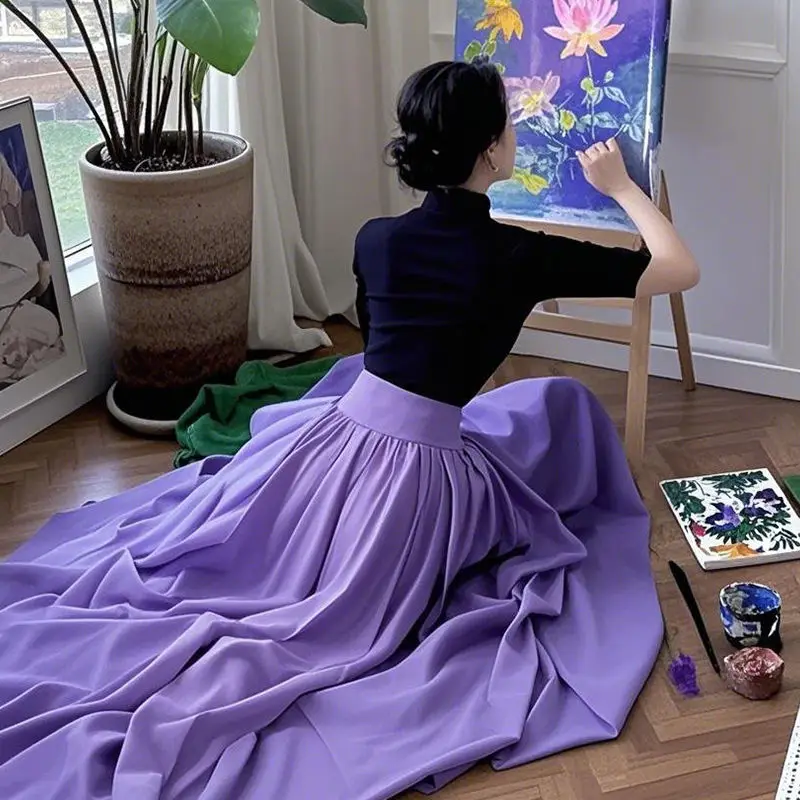 

2025 New Fashion Spring and Summer Casual Skinny Medium and Long Skirt Beautiful Wear Purple A-shaped Skirt