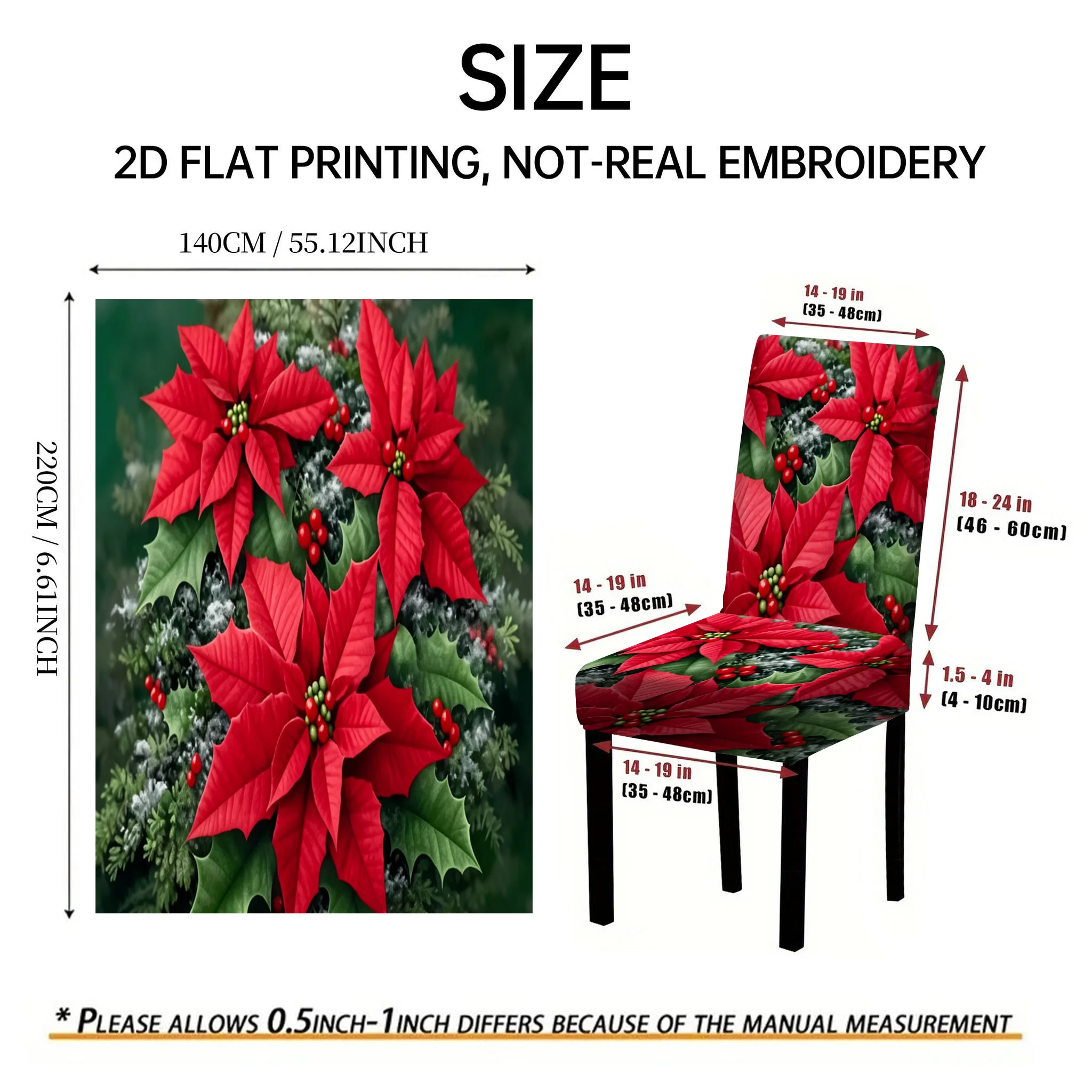 2/4/6 PCS Red Berry Christmas Poinsettia Elastic Dining Chair Cover, 2D Flat Pattern Christmas Home Holiday Decoration