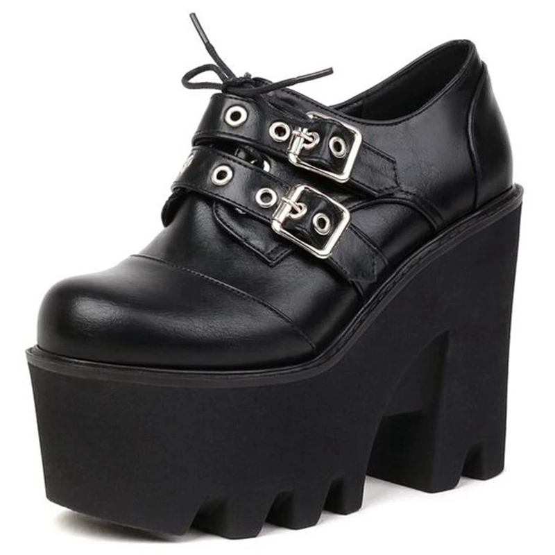 SIMLOVEYO Platform Women Pumps Round Toe Chunky Heels Buckle Straps Lace-Up Big Size 36-44 Black Spring S3371