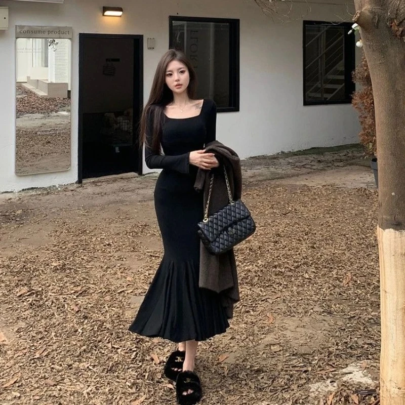 부드러운 여성용 긴팔 드레스 코튼 A라인 세일 고품질 럭셔리 섹시 K팝 비치 Y2K 피쉬테일 드레스