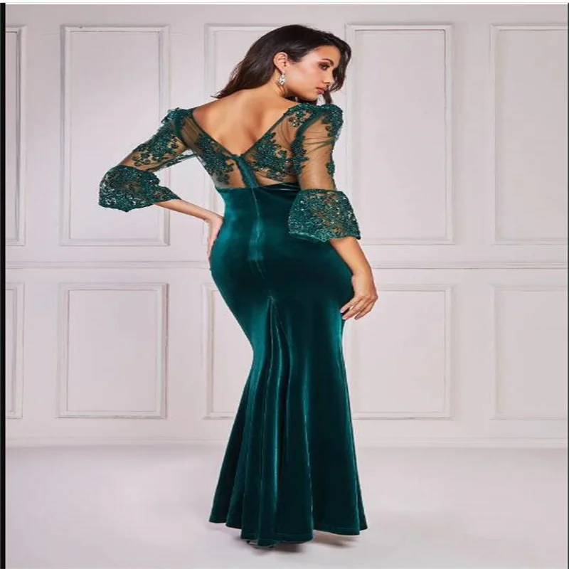 Green V Neck Velour Mermaid Tea-Length Applique Lace Half Sleeve Evening Dresses Gowns 2023 For Women Wedding Party LQ231113