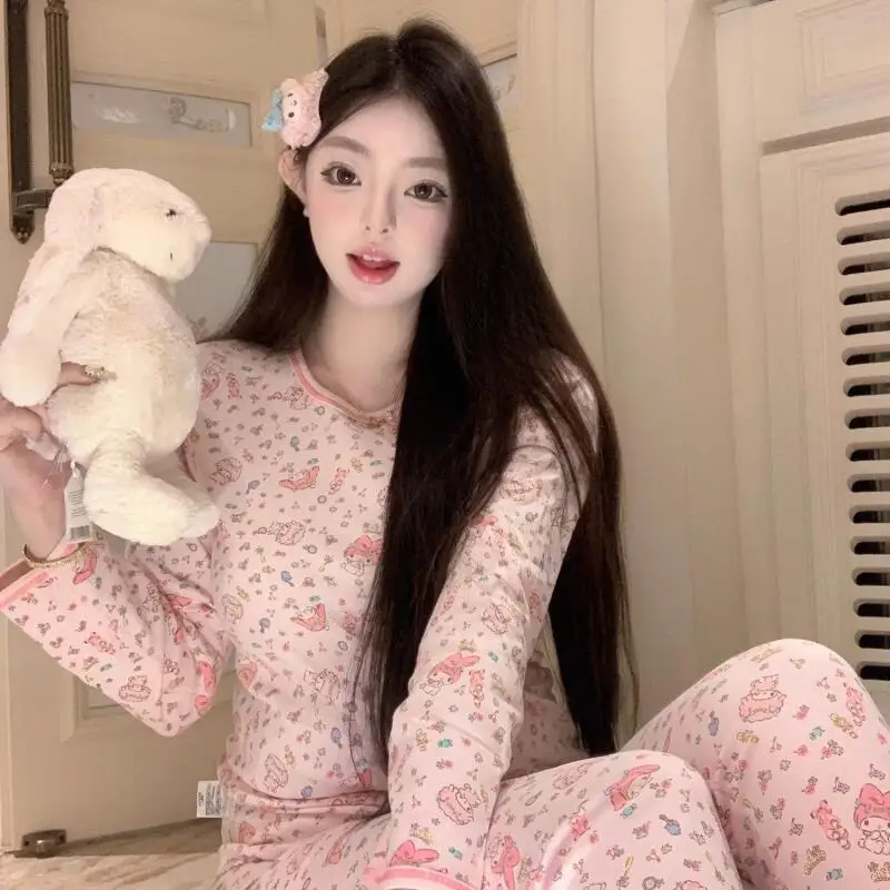 

Sanrios пижамы для девочек My Melody Kawaii брюки с длинными рукавами и круглым вырезом милая домашняя мода повседневная удобная трендовая одежда с принтом Лидер продаж