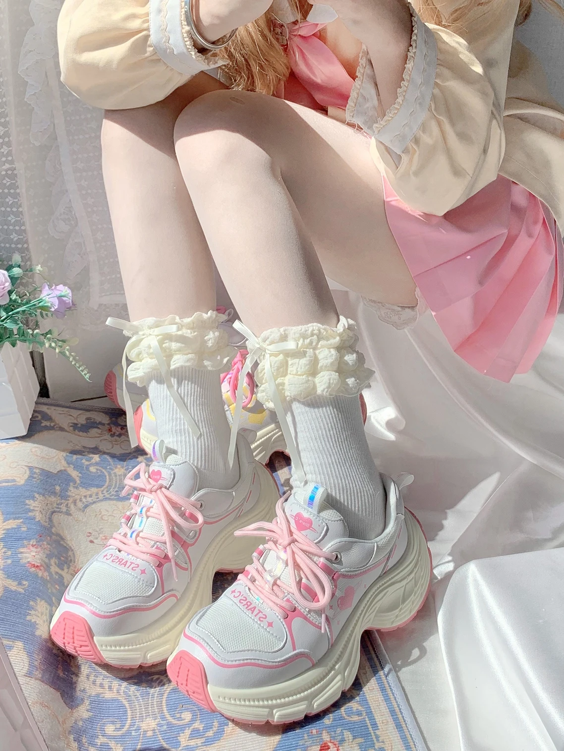 Cos Comic Shoes Star Crown Dad Shoes Breathable Mesh Summer New 2024 Line Love Anime Thick Sole Lolita Sneakers