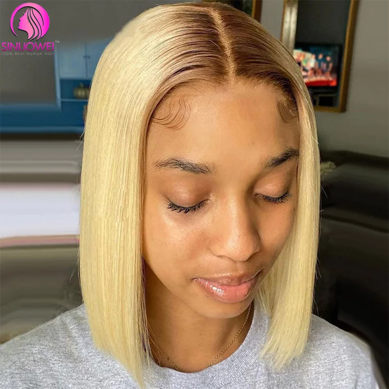 

4/613 Blonde Straight Bob Wigs With Dark Brown Roots 13x4 Lace Frontal Wigs 5x5 Lace Closure Bob Wigs Human Hair Pre Plucked