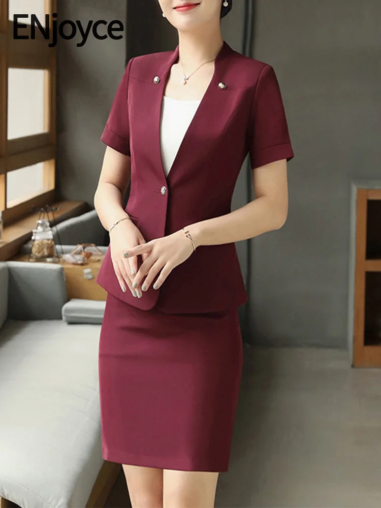 ENjoyce Women's Professional Short Sleeve Blazer and Skirt, Two Pieces Sets, Office Lady Workwear Suits, Summer Fashion