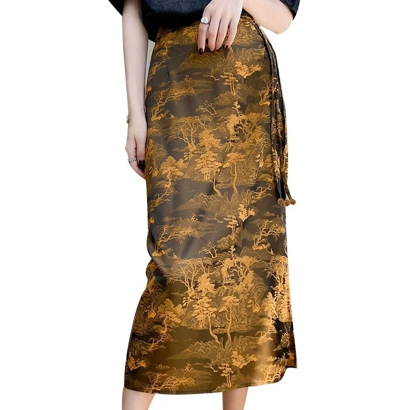Silk Acetate Satin f Skirt Women's High Waist A-Line Midi Summer Faion Retro Versatile Long Skirt Floral Print Commute S...