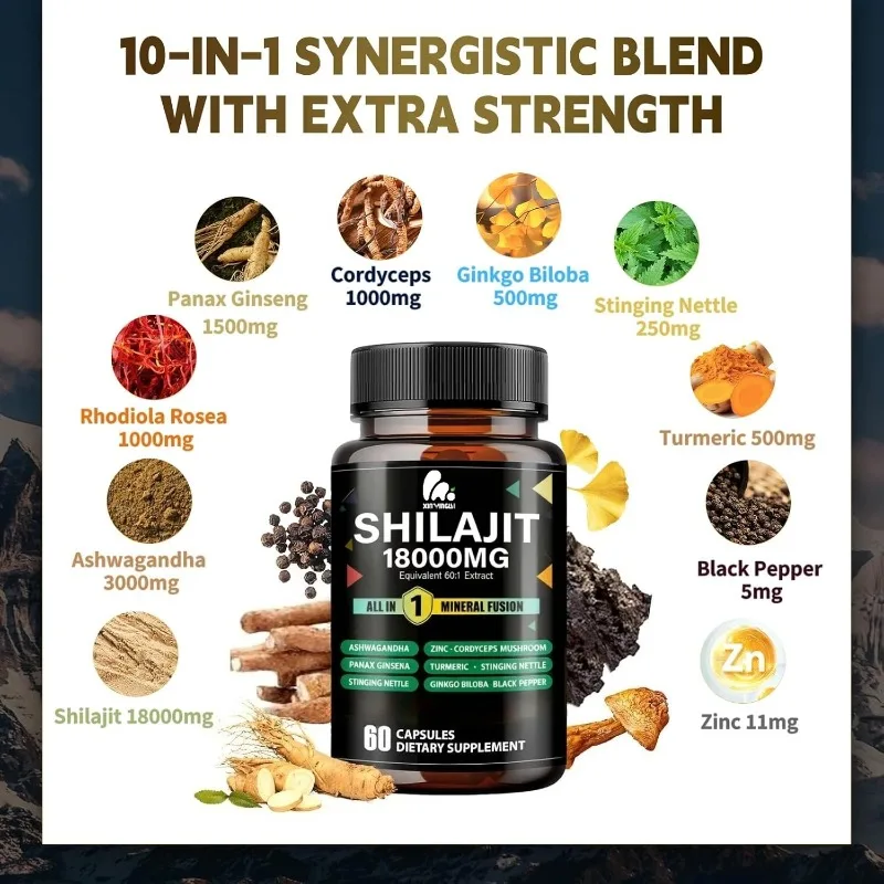 Las cápsulas Shilajit de 18000 mg contienen Rhodiola rosea, ginseng, cordyceps sinensis, cúrcuma, ginkgo biloba y minerales de ácido humano