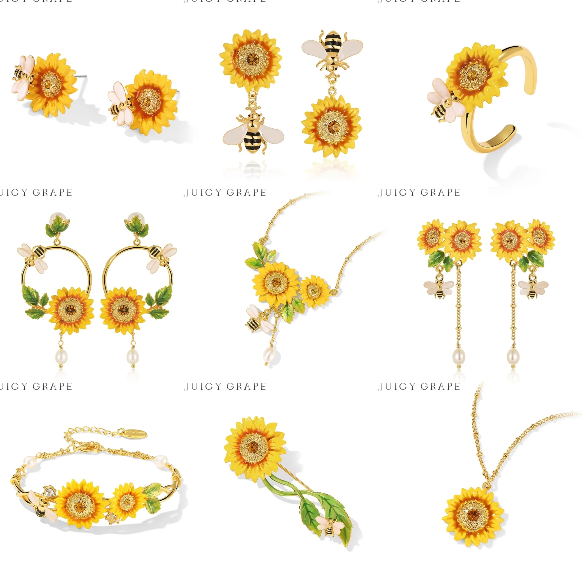 

Сочный виноград, подсолнух, эмаль, коллекция ювелирных изделий, 18-каратное золото, ручная роспись, эмаль, свадебная вечеринка, элегантный подарок, ювелирные украшения
