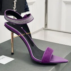 Metal Thin High Heel 2024 Summer Sandals Sexy Pointed Toe Crystal Strap Purple Black Suede Women Fashion Dress Sandals Heel