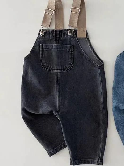 2025 primavera novo bebê denim macacão infantil menino menina sem mangas macacão da criança casual cinta calças crianças versátil jeans sólidos