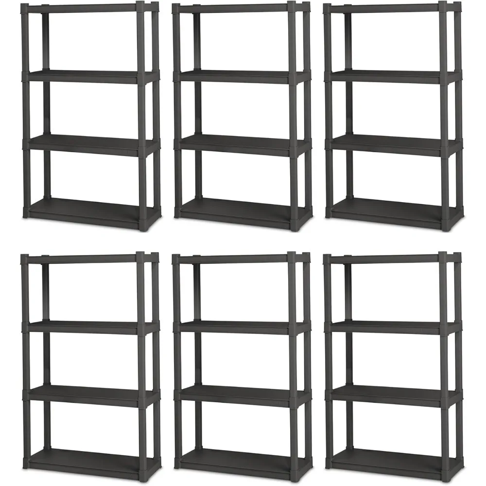 6-Pack Plastic Storage Shelves, Heavy Duty Shelving Unit, 4 Shelf, Gray