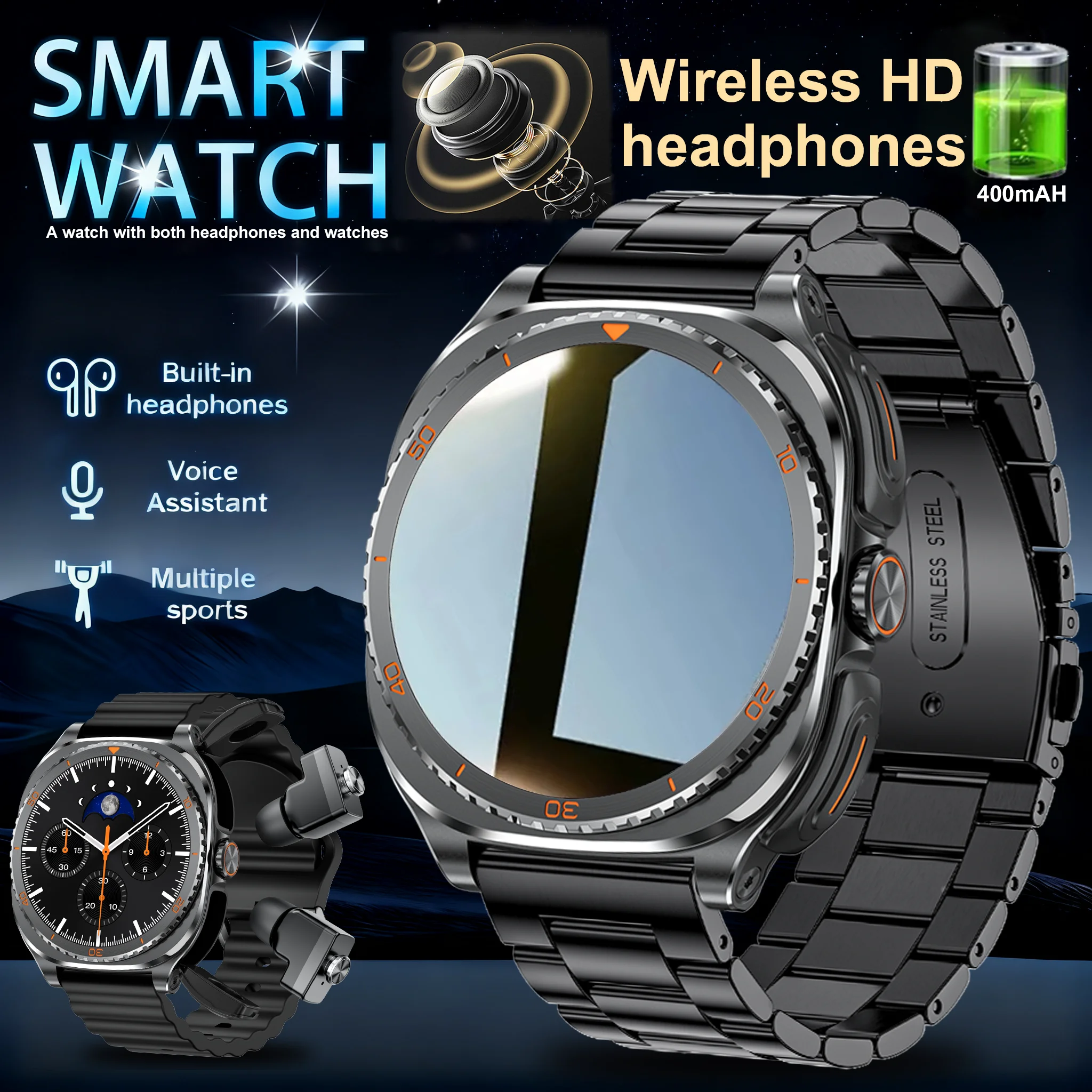 

The new 2026 2 in 1 wireless headset AMOLED smart watch high-definition screens with bluetooth wireless headset, sports watch