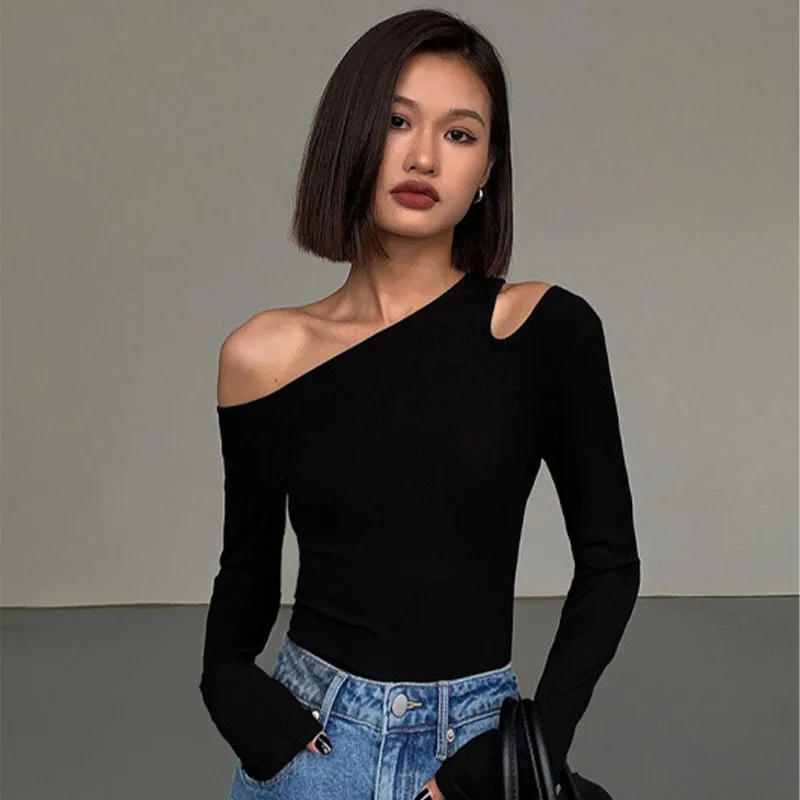 

New Fashion Skew Collar Off-shoulder Long-sleeved T-shirts Women Spring Solid Slim Fit Crop Top Sexy Hollow Out Tees Shirts