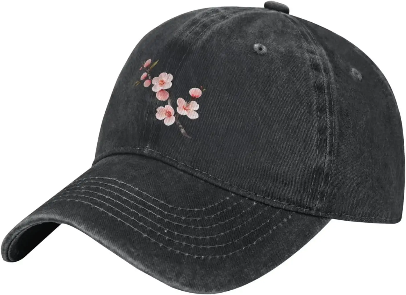 Black Beautiful Peach Blossom Branches Printed Washed Cowboy Baseball Cap for Adults - Stylish and Breathable Hat