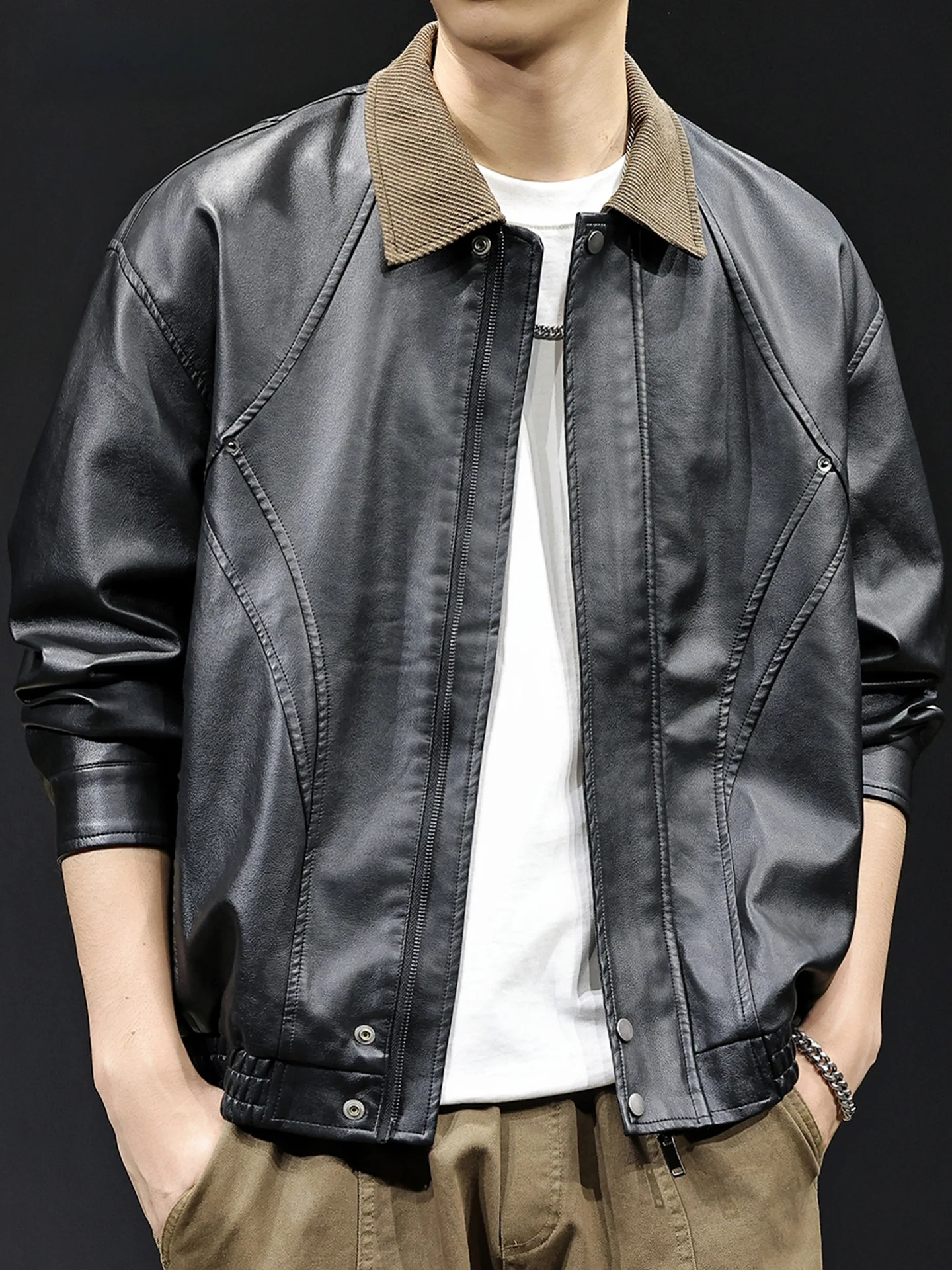 

American Sle High End Men's Leather Jaet Autumn Winter Casual Clothes Trendy Motorcycle Jaet Loose Fit Contrast Color