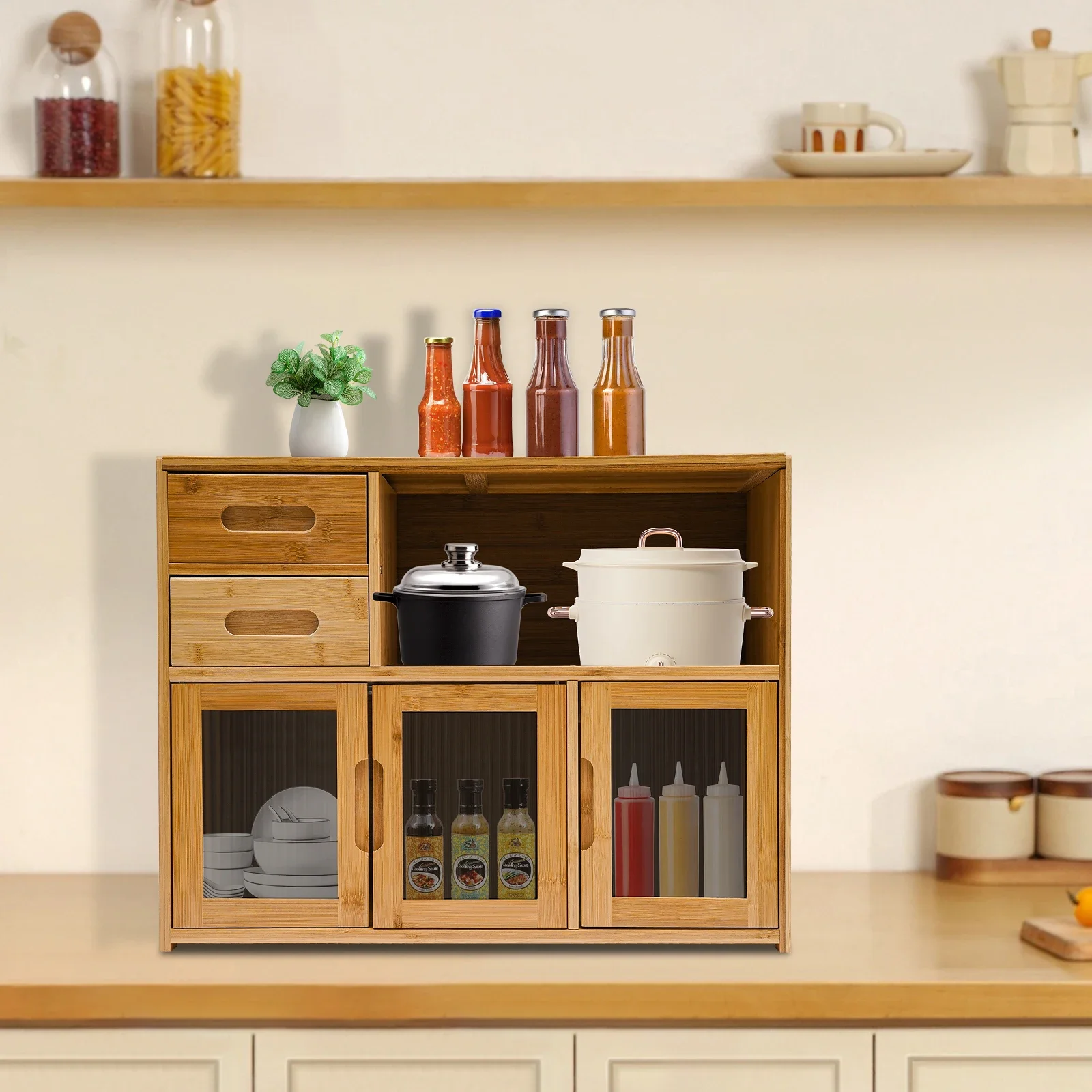 

Bymaocar Bamboo Kitchen Utensil Cabinet with Embedded Handle, Compact Countertop Storage Cabinet for Seasoning and Kitchenware