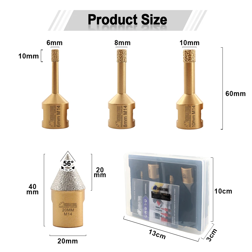 SHDIATOOL M14 Diamond Drill Core Bits Kit 4pcs/Box 20mm Diamond Chamfer+6/8/10mm Drilling Tile Milling Porcelain Hole Saw
