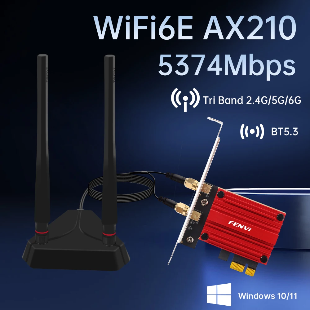 

Трехдиапазонная беспроводная сетевая карта BT 5.3 FENVI WiFi 6E PCIe AX210, 5374 Мбит/с, 2,4G/5G/6 ГГц с внешним основанием для настольного ПК Win10/11