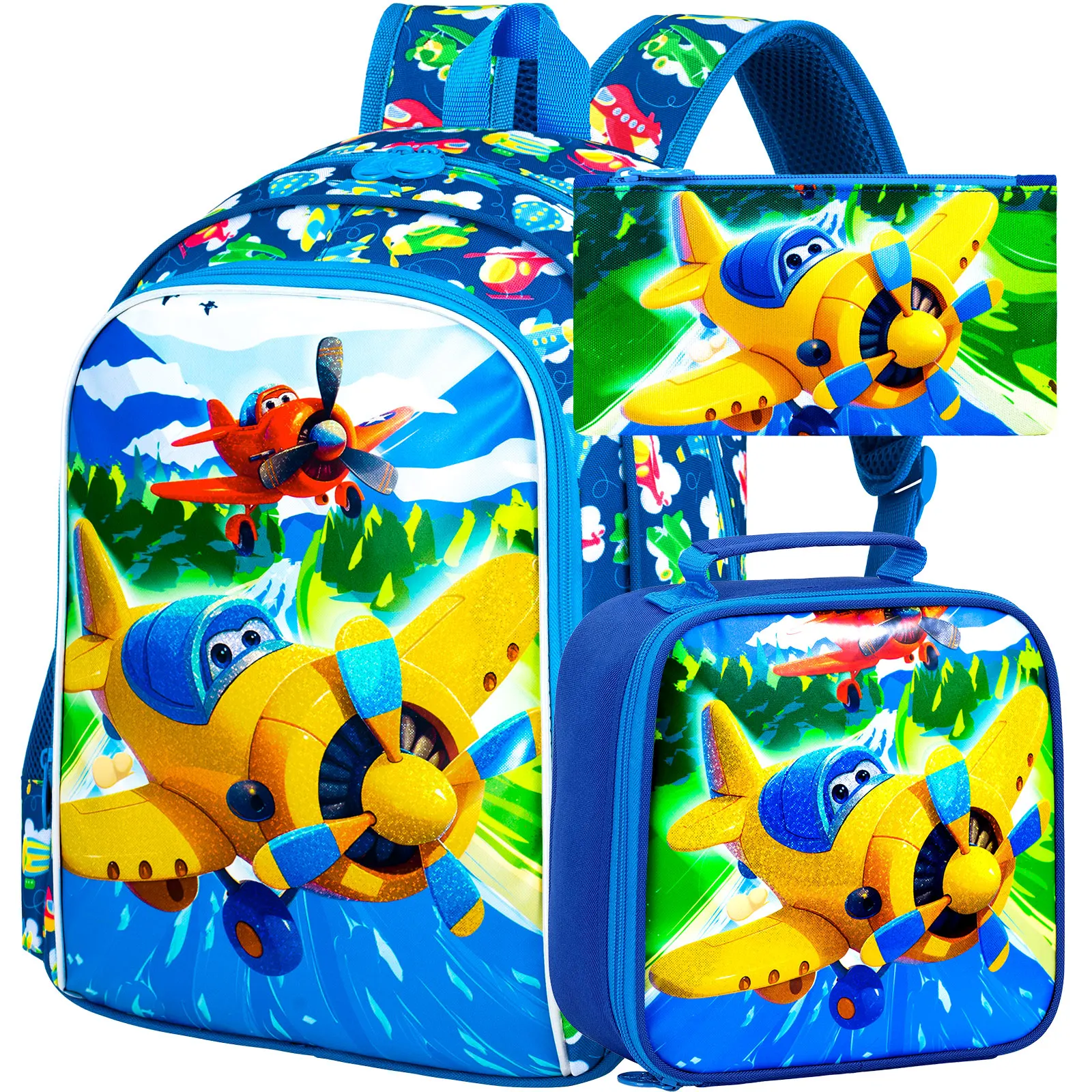 3個セット-男の子用飛行機柄バックパック、防水キッズバックパックセット（ランチボックス付き）、かわいい幼稚園児用スクールバッグ