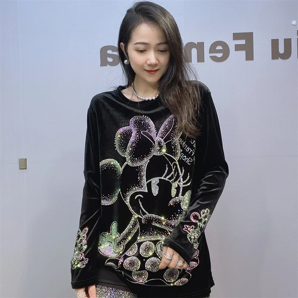 Autumn Winter New Round Neck Pullover Gold Velvet Long-sleeved Top Women Loose Cartoon Diamond-encrusted Black Bottoming Shirt