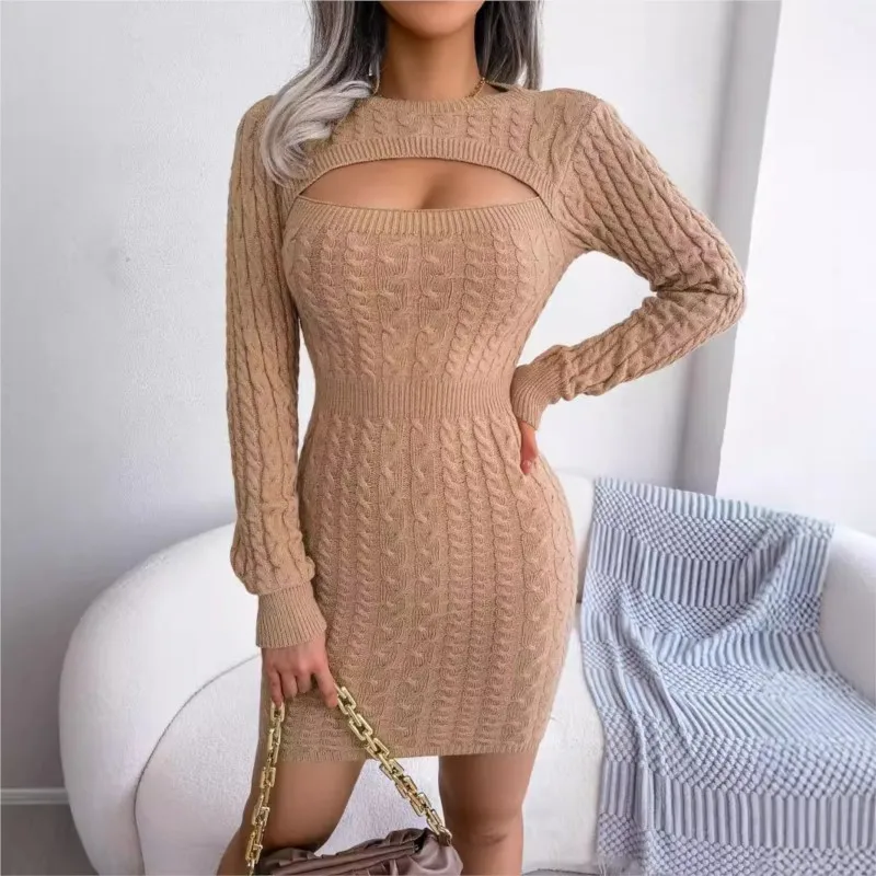 Autumn And Winter Sexy Hollowed Out Fried Dough Twists Waist Bag Buttock Wool Dress Women's Round Neck Long Sleeve Pencil Skirt