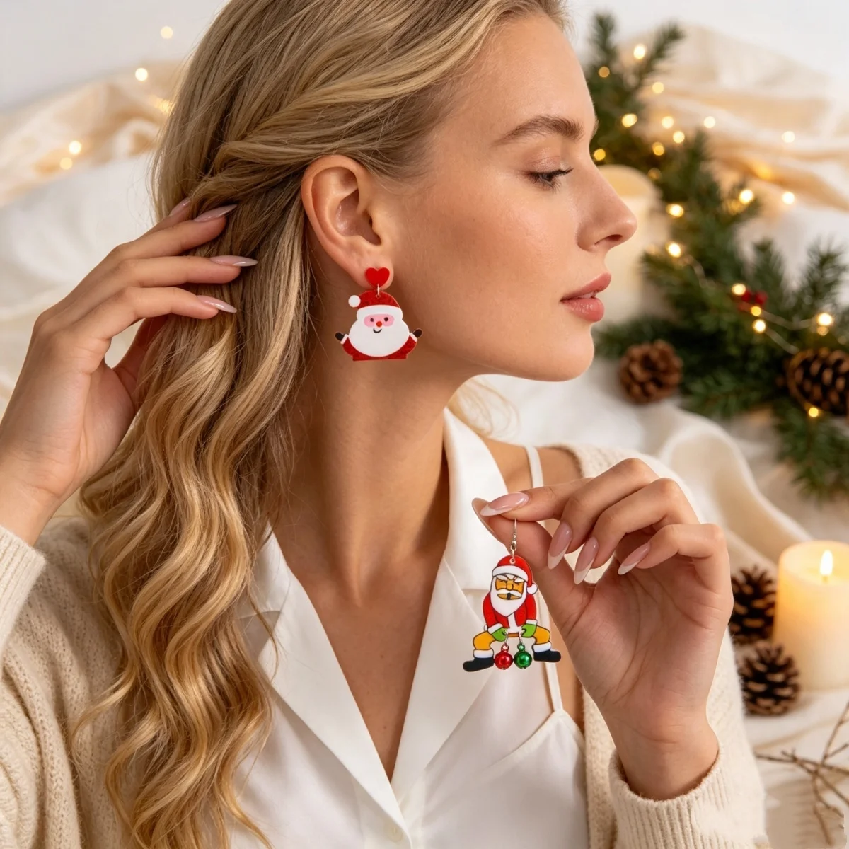 2 Paar/Set Cartoon Acryl Weihnachtsmann Weihnachts-Ohrhänger für Frauen Niedliche Sitzende Glocken Quasten Weihnachts-Ohrringe Neujahrs-Schmuck – Detail 11