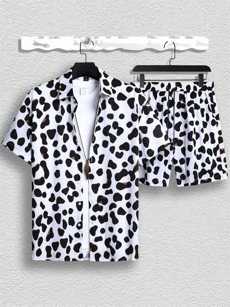 

2025 Мужская рубашка с коротким рукавом и шортами с 3D леопардовым принтом, летняя повседневная рубашка с коротким рукавом, уличные пляжные мужские повседневные шорты