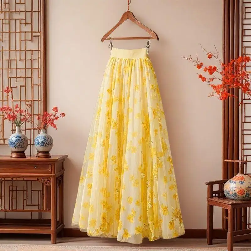 2026Summer New Women Simple Light Luxury Fashion Elegant French Princess Style Sweet Lovely High Waisted Floral Mid Length Skirt