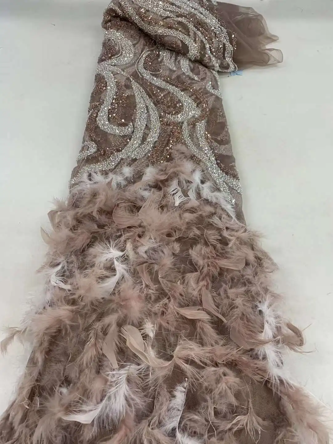 2023 Latest French 3D Feather Beaded Tulle Lace Fabric Fashion Feather Tail African Net Lace Fabrics With Sequins For Dress