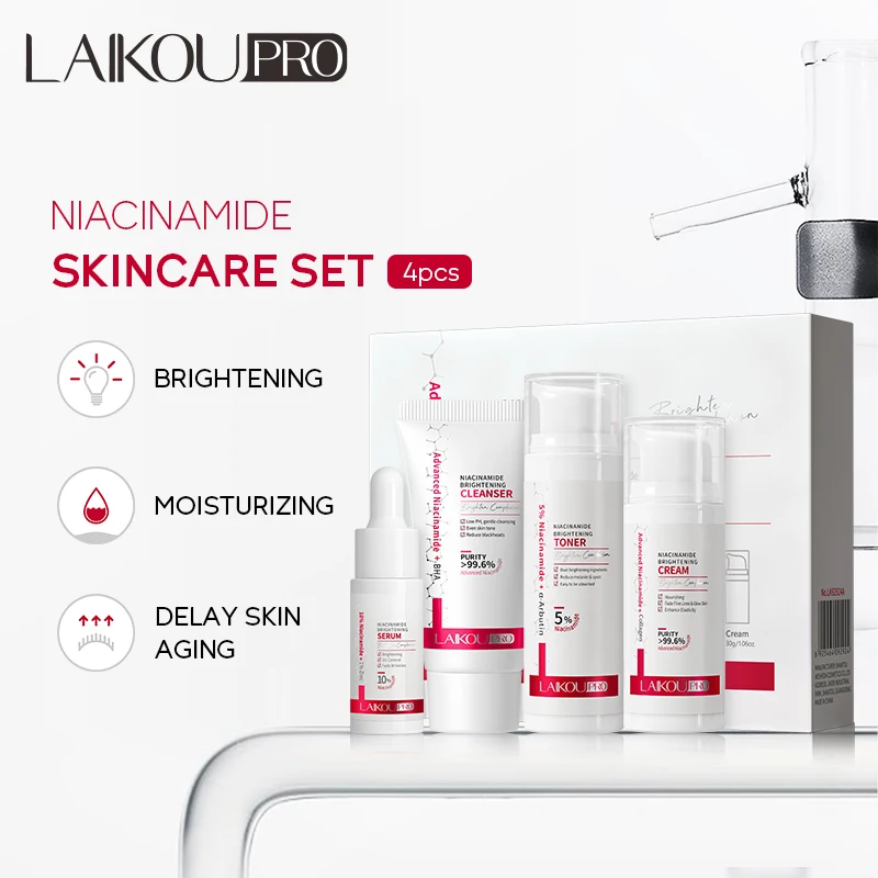 LAIKOU PRO Niacinamide Radiant Skin Care Set - Low PH Cleanser - Moisturizing Toner - Deep Nourishing Serum - Rejuvenate Cream -