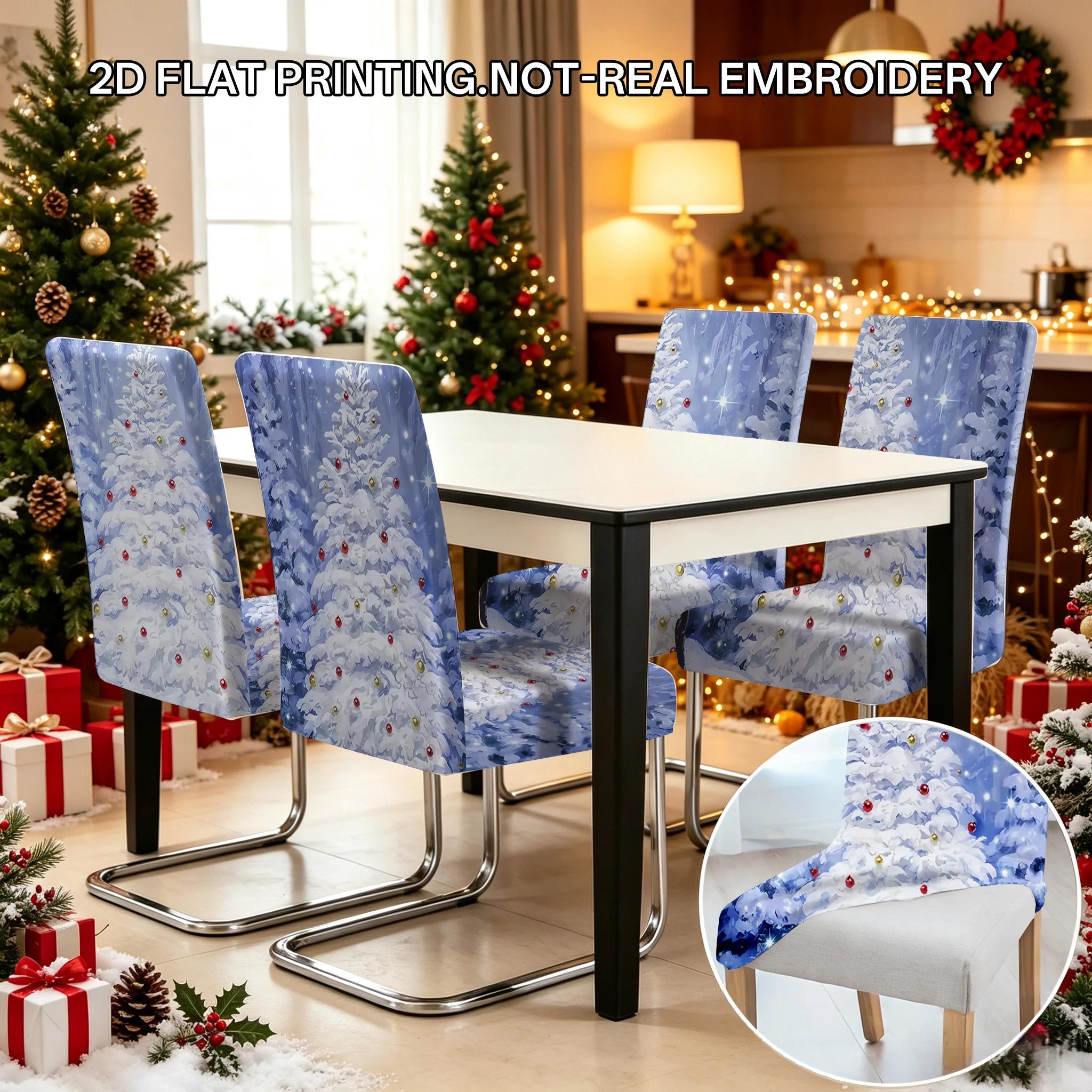 2/4/6 PCS Christmas Tree Snow Landscape Elastic Dining Chair Covers, Pine Tree 2D Flat Printed Christmas Decoration Chair Covers