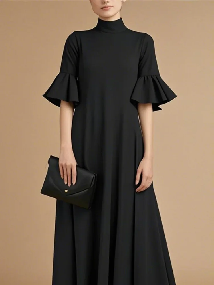 Yeezzi 2025 New Black Dress For Women Flared Sleeve Stand Collar Loose Elegant Evening Maxi Dresses Church A-Line Robe