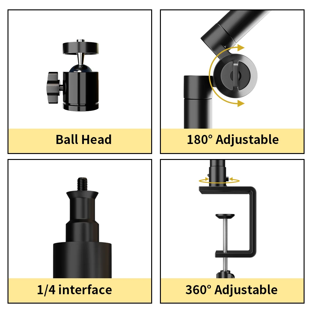 SH دعامة سطح المكتب المعدنية المرنة المكونة من ثلاثة أقسام سعة تحميل 2 كجم مع حامل ألومنيوم للكاميرا ذات الذراع الطويلة برأس كروي