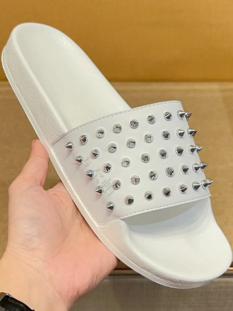 Korean Style Male Summer Wearing Outside Shoes Fashion Rivet Open Toe Slip On Breathable Solid Color Leisure Flat Slippers