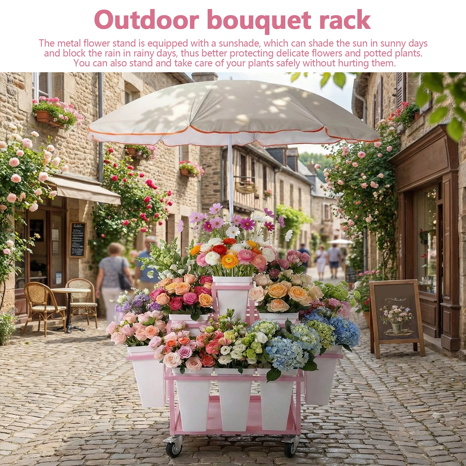 

Стеллаж-тележка для цветов с 18 ведрами, усиленный, на колесах, с зонтом, для свадеб, вечеринок и домашнего декора