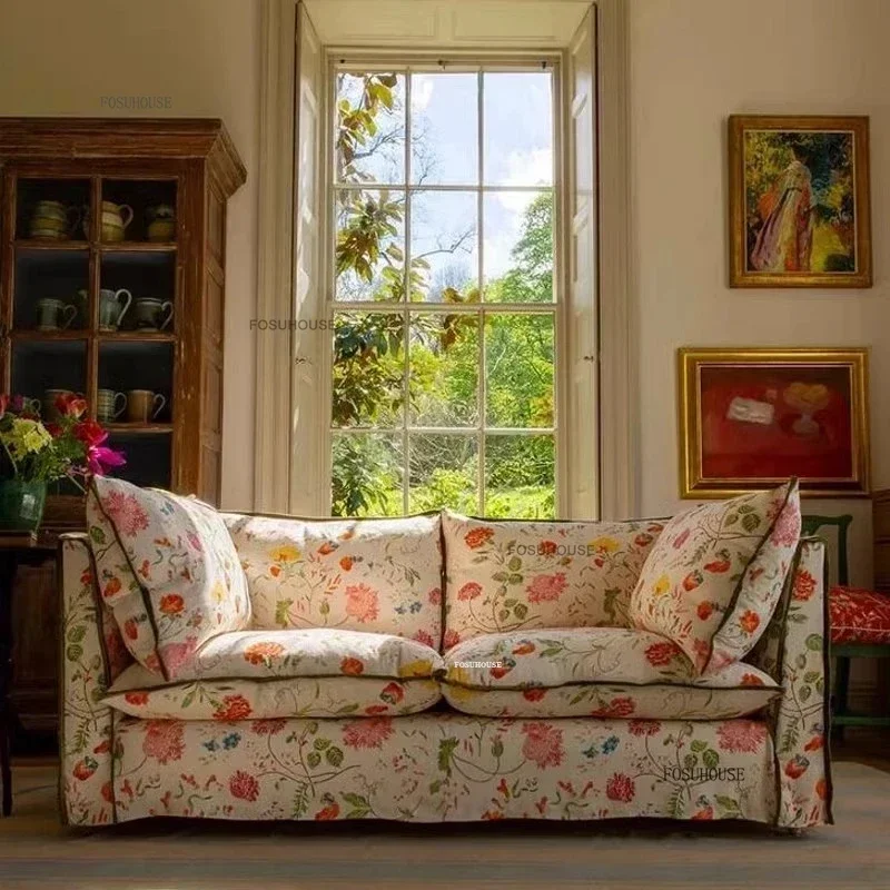 #Reclining Leisure Sofa Bed French American Living Room Furniture Home Peony Flower Armrest Sofa Printed Fabric Living Room Sofa