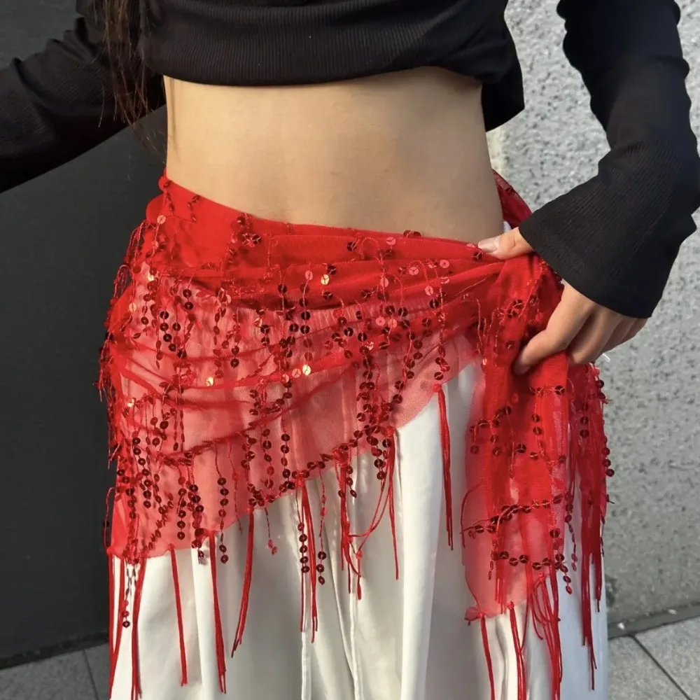 Cintura di danza del ventre con paillettes alla moda Nappe di danza jazz Sciarpa sui fianchi Costumi di spettacolo di danza di strada Catena in vita per le donne