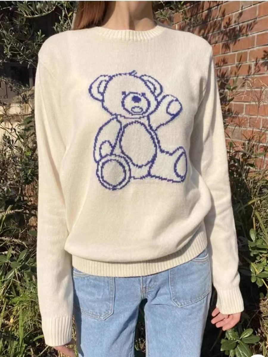 Little Bear Jacquard O Neck Sweater Women Sweet Cute Long Sleeve Knitted Pullover Tops Preppy Style Casual Y2k Jumper New 2025