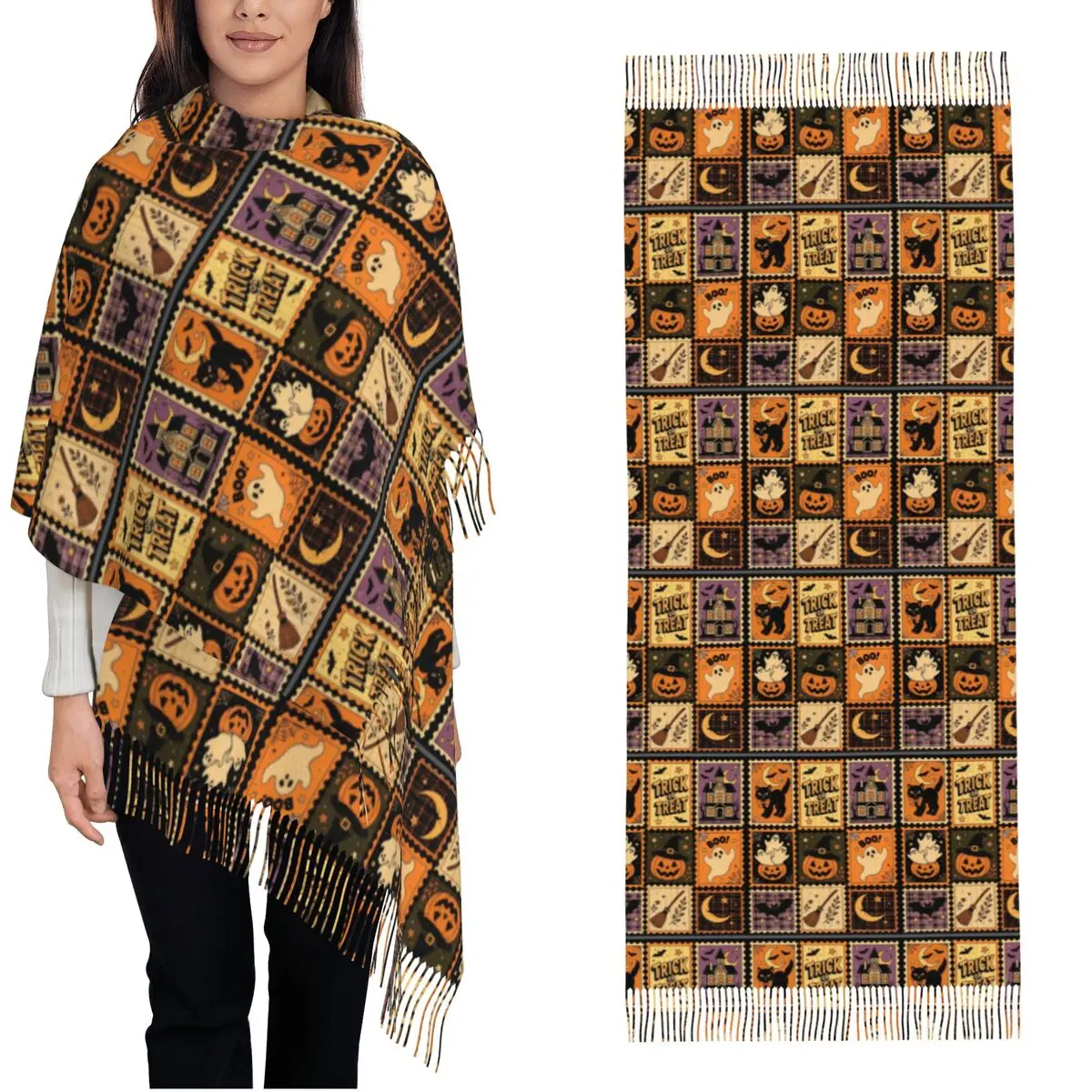 Vintage Collage Halloween Scarf with Long Tassel Warm Soft Shawl Wraps Women Printed Scarves Wraps Winter Fashion Bandana