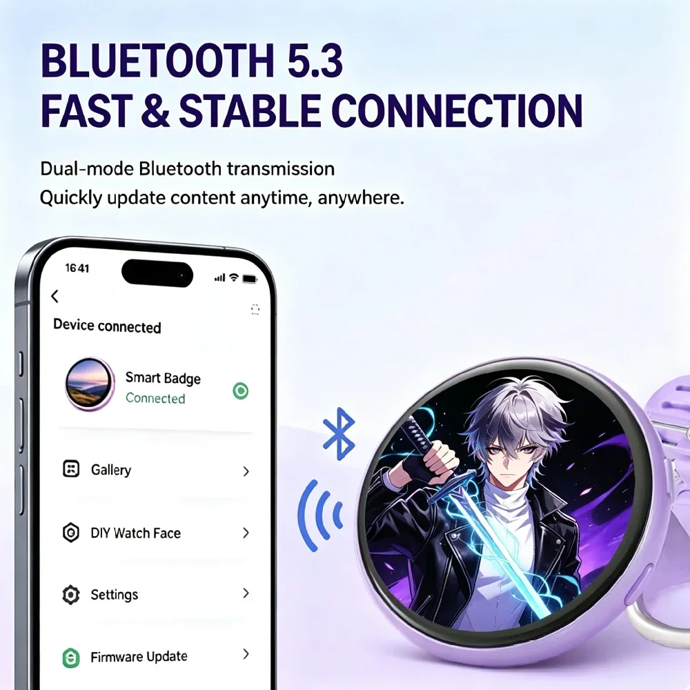 HD Dynamic Display Digital E-Badge, Bluetooth Smart Anime Pin Badge, App Controlled for Uploading Photos and Animations