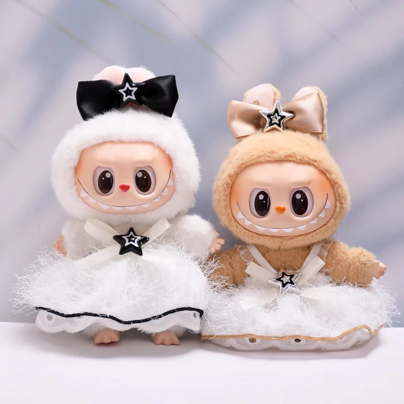Labubu Doll Clothes White and Black Starry Furry Dress 15/17cm Plush Doll'S Clothes Replacement Sitting Party Accessories