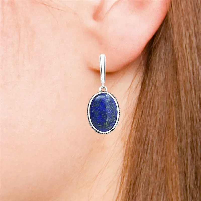 Oval Natural Lapis Lazuli Jewelry Set Necklace Earrings For Women Antique Silver Plated Stainless Steel Chain Wedding Party Gift