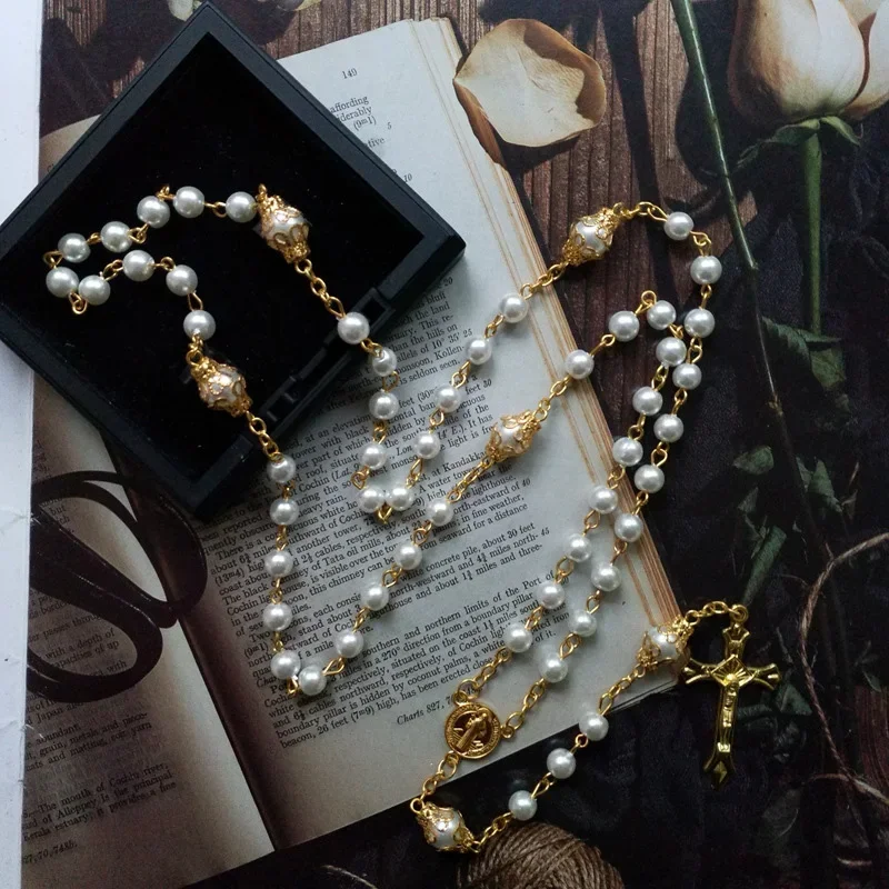 Religious Five Blessed Rosary Necklace  Prayer Beaded Chain Chaplet Saint Benedict Medal Crucifix Cross Y-Necklace  Jewelry