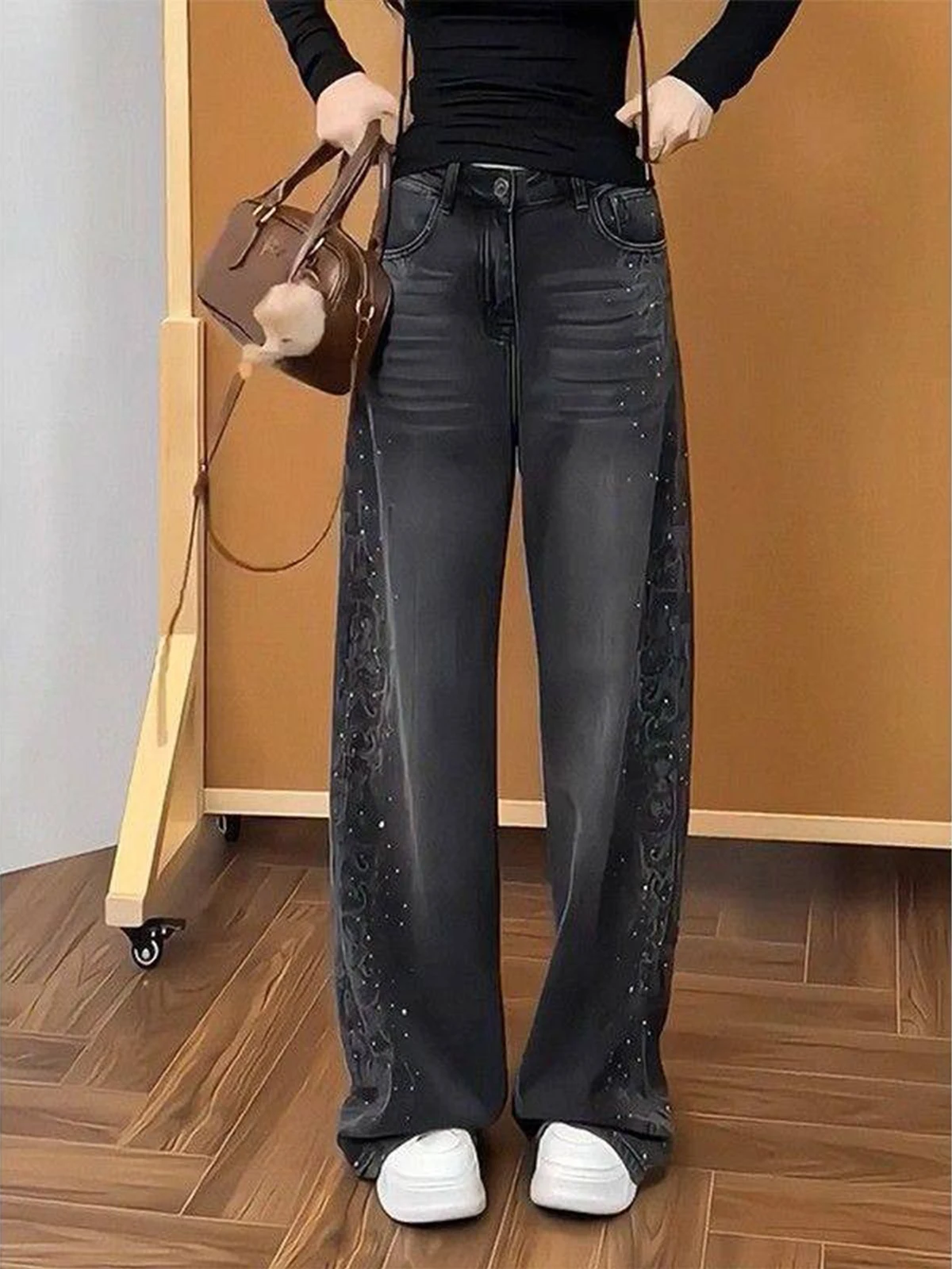 

Джинсы с высокой талией, украшенные стразами, широкие, свободного кроя, прямые, длинные, весна-осень, новинка