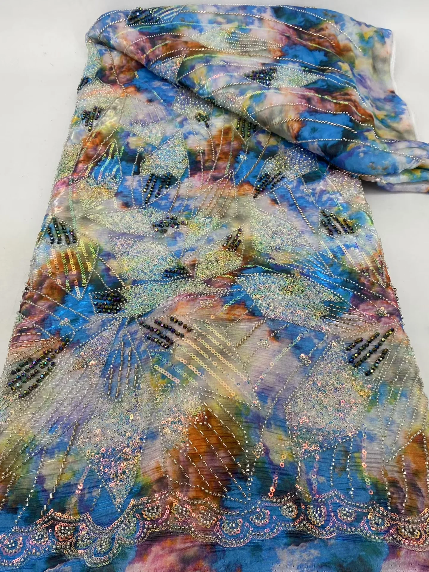 Wholesale 5 yards Nigerian Sequin Lace Fabric High-Quality African Tulle Handmade Beaded Net Lace for Party Dresses 2025Hm104-1