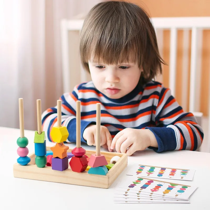 Ensemble de blocs de construction en bois pour enfants, forme, perception, illumination, arc-en-ciel, cinq colonnes, boîte de perles, jouets