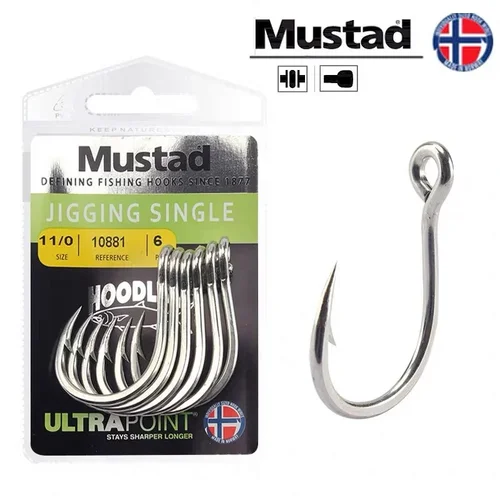 Anzuelos Mustad originales 10881, anzuelos de Pesca, anzuelo de Jigging, plantilla individual de océano, púas grandes con gancho con agujero, anzuelo duro de calamar para carpa, Pesca